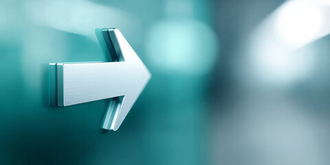 A metal arrow sign pointing to the right on a teal background