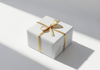 Minimal Christmas Gift Box with Gold Ribbon on White Background