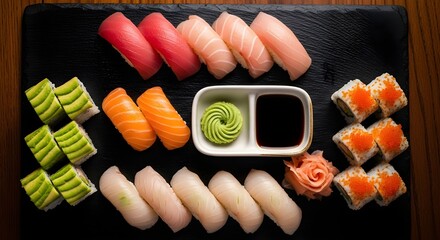 Assortment of fresh sushi and rolls on a dark platter