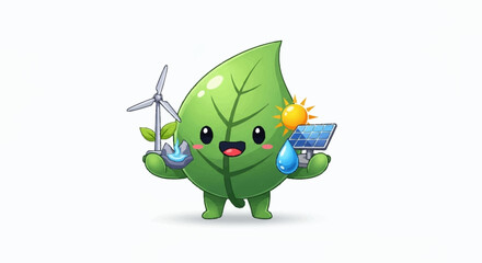 Adorable leaf mascot promotes clean energy with solar panels, windmills, and water power for sustainable living and a greener planet