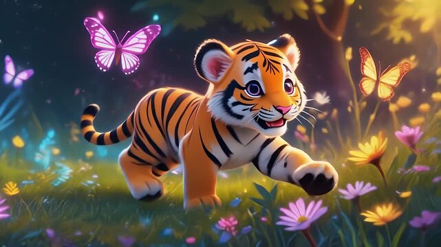 Cartoon tiger cub amidst vibrant flowers and butterflies in fantasy scene