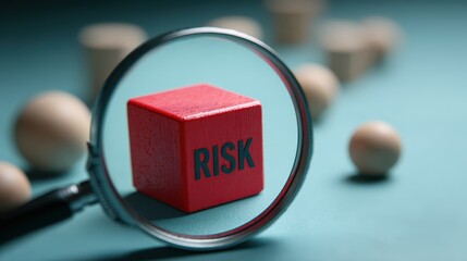 Red risk cube under magnifying glass with wooden balls on blue surface