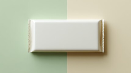 Blank white chocolate bar wrapper on a split green and cream background