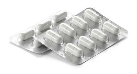 Two blister packs of white oval capsules on a white background