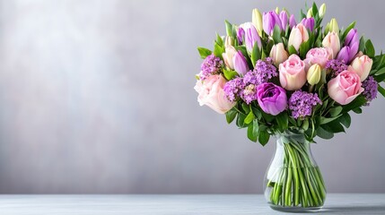 Fototapeta premium Colorful bouquet featuring purple and pink flowers stands elegantly on a table against a soft gray background. Perfect for floral design inspiration and gift ideas