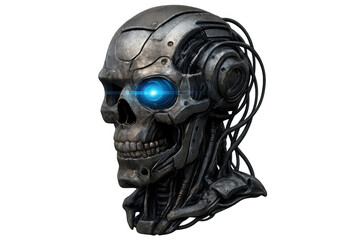 Robotic skull head with glowing blue eye and intricate wiring representing artificial intelligence and future technology