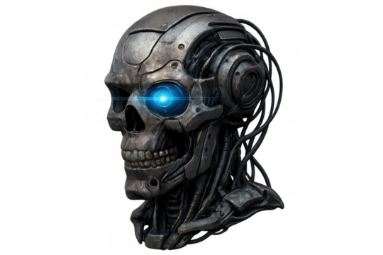 Robotic skull head with glowing blue eye and intricate wiring representing artificial intelligence and future technology
