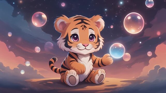 Cartoon tiger cub with bubbles against cloudy sky background