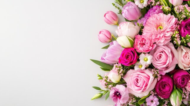 Beautiful bouquet features a variety of purple and pink flowers arranged elegantly on a gray table. Perfect for flower shops offering delivery services, with ample space for promotional text - Powered by Adobe