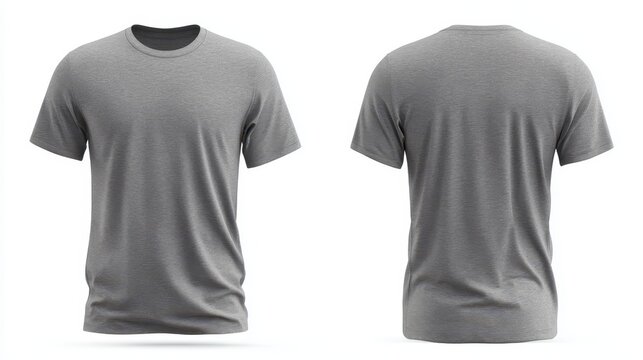 Front and back view of a heather gray tshirt isolated on white background