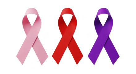 Three vibrant awareness ribbons in pink red and purple symbolizing health support and global causes transparent background