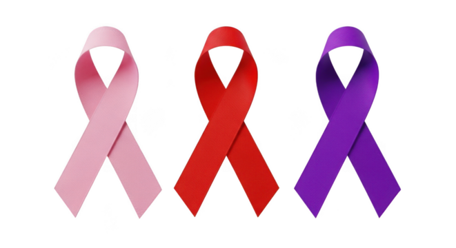Three vibrant awareness ribbons in pink red and purple symbolizing health support and global causes transparent background