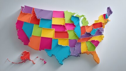 Colorful united states map made of paper isolated on a white background