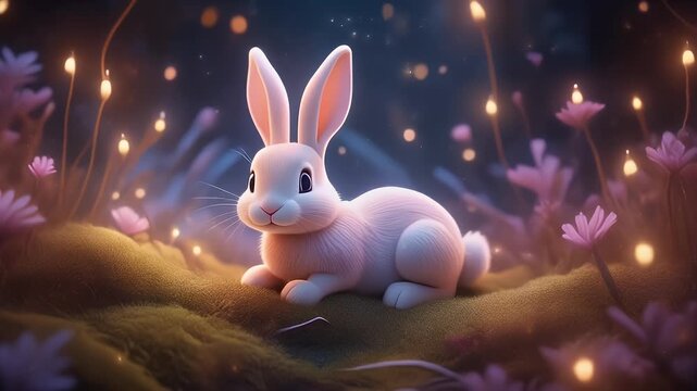 Charming bunny in a magical meadow with soft lighting and glowing orbs