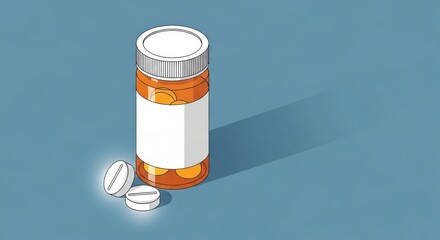Isometric view of amber pill bottle with tablets and capsules