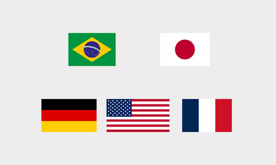 Sportliche Nationen &ndash; Flaggen von Brasilien, Deutschland, Japan, USA, Frankreich (Originalseitenverh&auml;ltnis, korrekte Farbdarstellung)