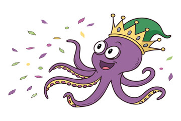 Happy cartoon octopus wearing a crown and jester hat cephalopod animal