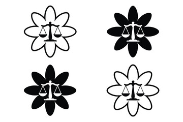 Four black and white illustrations of scales of justice within flower outlines balance legal