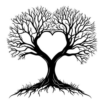 Silhouette Illustration Of Bare Tree With Roots And Branches Forming A Heart Shape