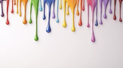 Colorful paint drips cascade down a white surface, blending together to form a vibrant abstract artwork. The vivid hues showcase creativity and artistic expression