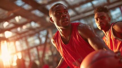 Intense basketball game action with two athletic players in red jerseys focused under dramatic sunlight on indoor court