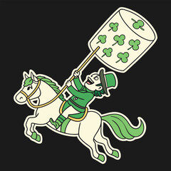 Leprechaun Riding White Horse Holding Shamrock Flag On Black Background illustration