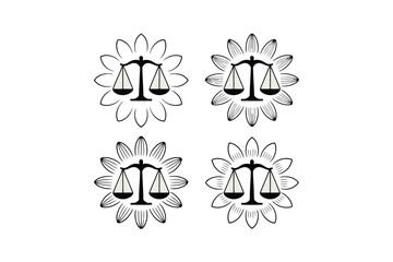 Four black and white vector illustrations of scales of justice within stylized flower petals legal balance