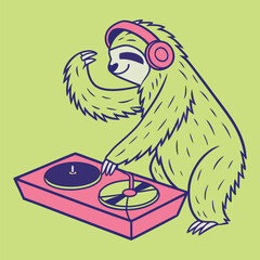 Sloth DJ wearing headphones and mixing music on turntables Keywords: sloth, animal, cartoon