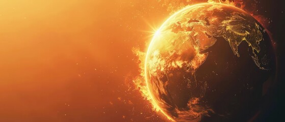Planet burn fire flames weather Earth burning under the extreme heat of the sun, conceptual illustration of global warming, temperature destruction.