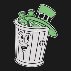 Trash Can With Happy Face Filled With Beer Bottles And Leprechaun Hat illustration