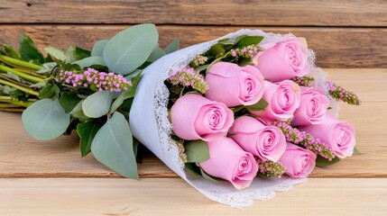 Delicate bouquet featuring pink roses, eucalyptus, and white sage, elegantly wrapped in lace. Set against a light wooden table, the arrangement highlights intricate details and textures