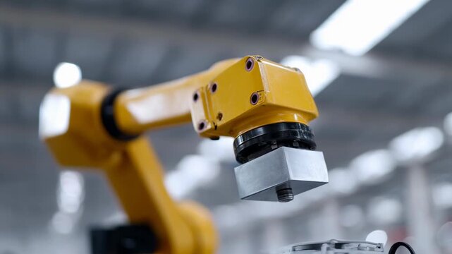 Industrial robotic arm end effector handling metal block gripping with metal gripper operating factory environment conveying precise automation