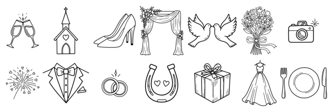 Wedding Celebration Line Icon Set with Romantic Symbols