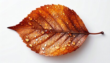 Single orange-brown autumn leaf covered in water droplets, placed on a white surface; visible veins and glossy texture highlight seasonal detail and natural beauty.