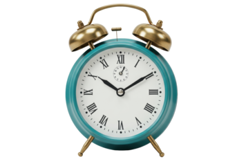 Isolated Teal Alarm Clock Set to a Specific Time with Bells and Roman Numerals on Face