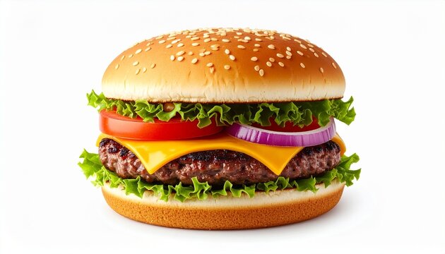 Close-up of a cheeseburger with sesame seed bun, beef patty, cheddar cheese, lettuce, tomato, red onion, pickles, ketchup, and mustard; neatly stacked against a white background for a fresh and appeti - Powered by Adobe