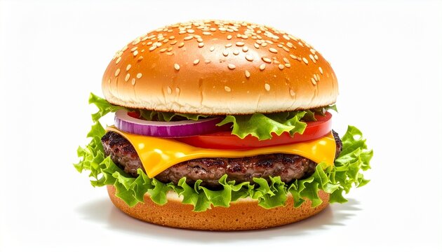 Close-up of a cheeseburger with sesame seed bun, beef patty, cheddar cheese, lettuce, tomato, red onion, pickles, ketchup, and mustard; neatly stacked against a white background for a fresh and appeti