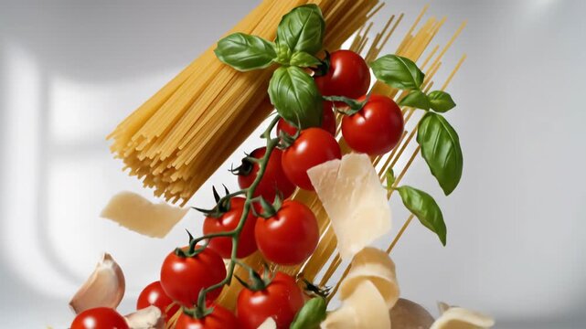 Ingredients for Italian Pasta Floating in Midair in Bright Studio