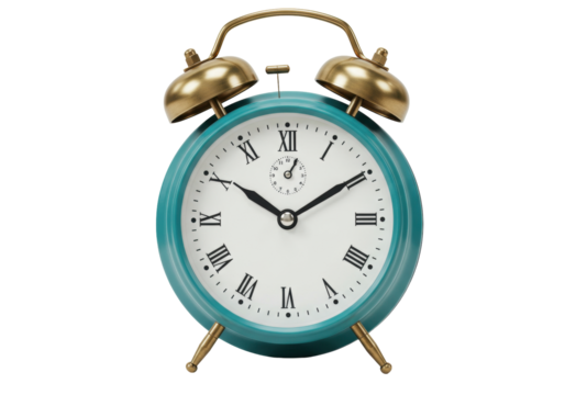 Isolated Teal Alarm Clock Set to a Specific Time with Bells and Roman Numerals on Face