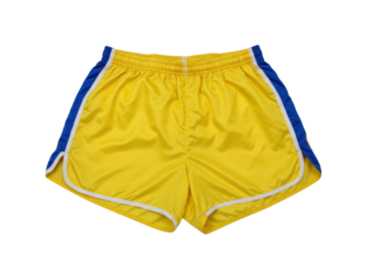 Isolated athletic yellow running shorts with blue side stripe and white trim for sport fitness