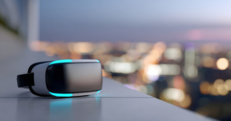 A virtual reality headset sits on a table overlooking the city at night