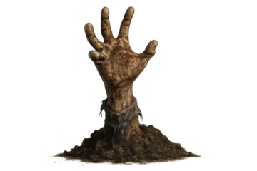 Zombie hand reaching out from grave, scary undead rising for halloween, spooky horror monster coming back to life on transparent background
