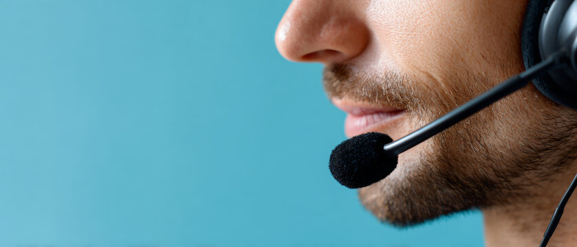 A man wearing a headset with a microphone attached to it, against a blue background