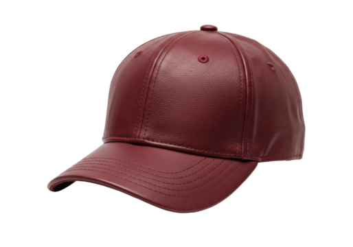 Isolated burgundy faux leather cap with curved bill, a classic casual accessory for adults