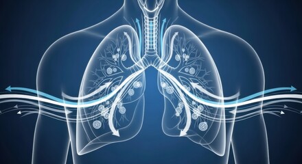 anatomical scheme on a blue background illustrates the breathing process through the trachea and bronchi. Directional lines show the air flow path into the lung's alveoli for educational biology