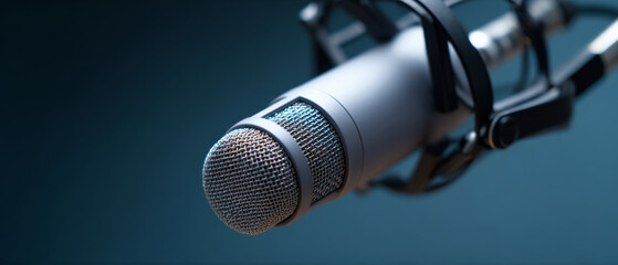 A close-up of a professional microphone on an adjustable stand, with focus on the mesh grille and metal construction