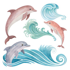 Fototapeta premium Watercolor dolphins and stylized ocean waves on a black background
