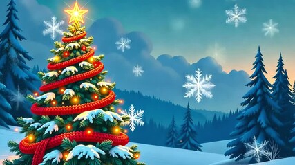 Christmas tree decorated with golden lights and carefully wrapped in a warm red knitted scarf on a snowy forest background. Christmas eve fairy theme, short video greeting card with falling snowflakes - Powered by Adobe
