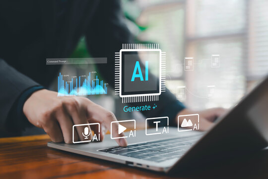 A professional using a laptop with virtual AI-generation icons, symbolizing artificial intelligence, data processing, content creation, automation, and advanced digital technology for modern business