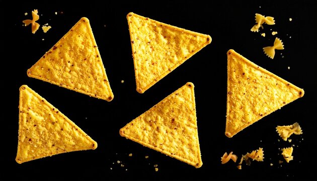 Five golden-yellow triangular tortilla chips arranged on a black background with scattered crumbs and broken pieces; textured surfaces and varied orientations create a visually appealing snack display